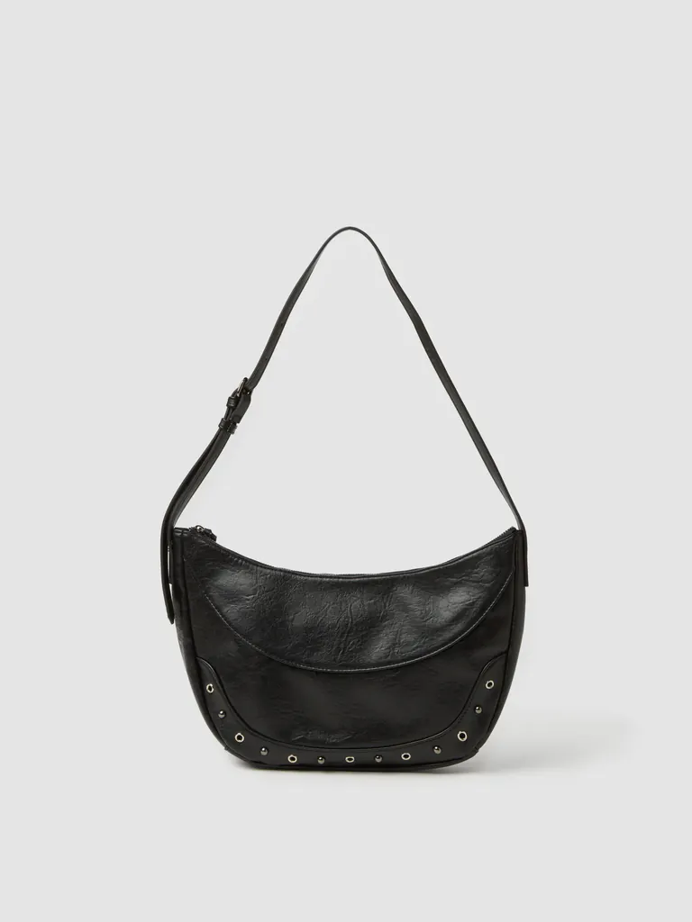 Still-life product photo of a black studded shoulder bag