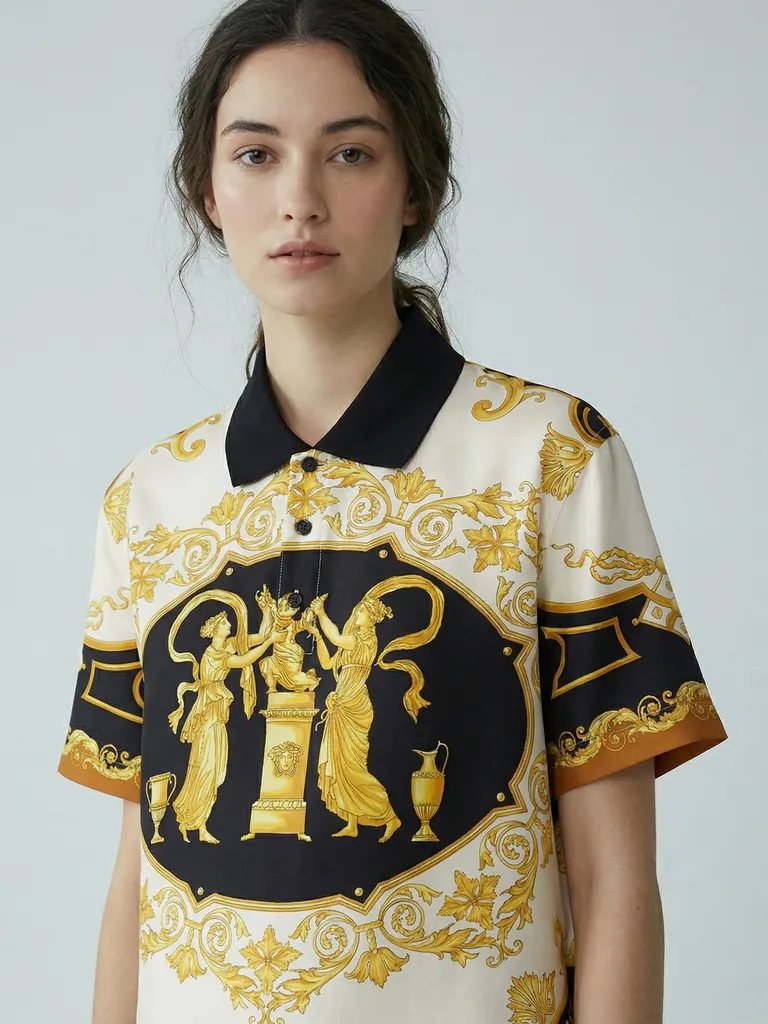 AI-generated on-model photo of the same baroque-print shirt