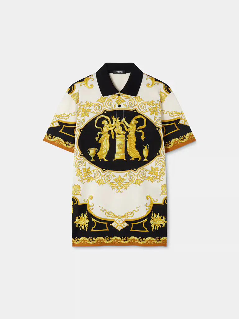 Still-life product photo of a baroque-print shirt